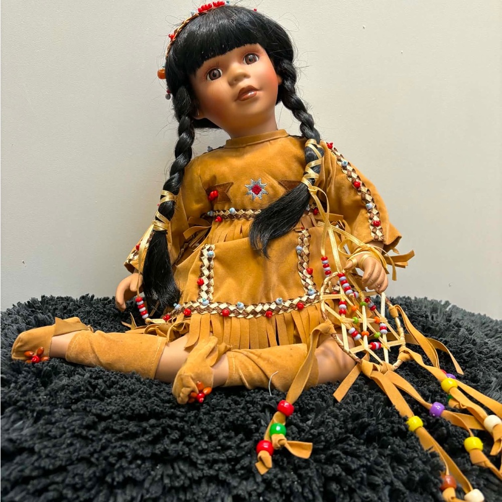 Handcrafted Tan Native-Inspired Kids Doll with Bead Accents